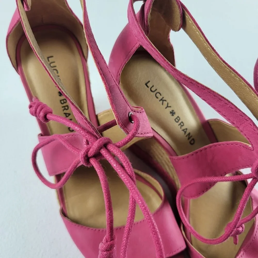 Lucky Brand Strappy Open Toe Wedges Espadilles Sandals Ankle Tie 9 Women Pink